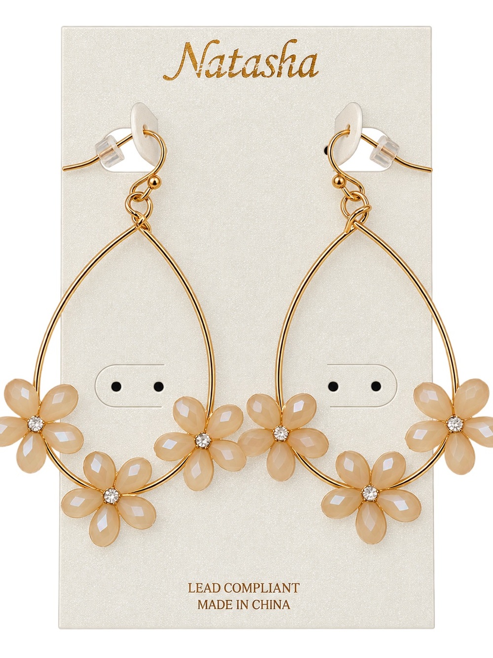 Natasha Gold Tone Teardrop Floral Hoop Earrings Beige Crystal Flowers
